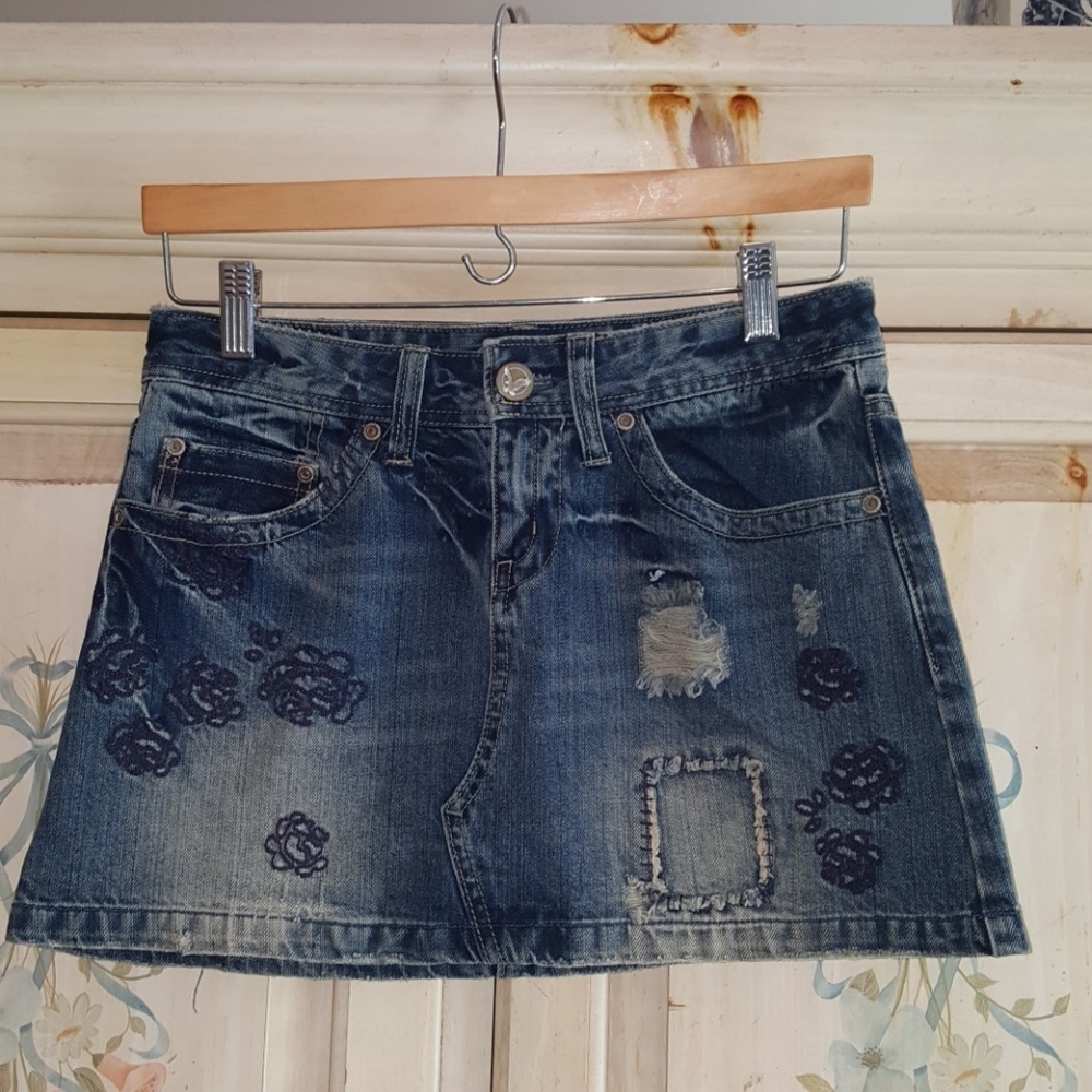 Mini Skirt Jean Denim Embroidered  Distressed